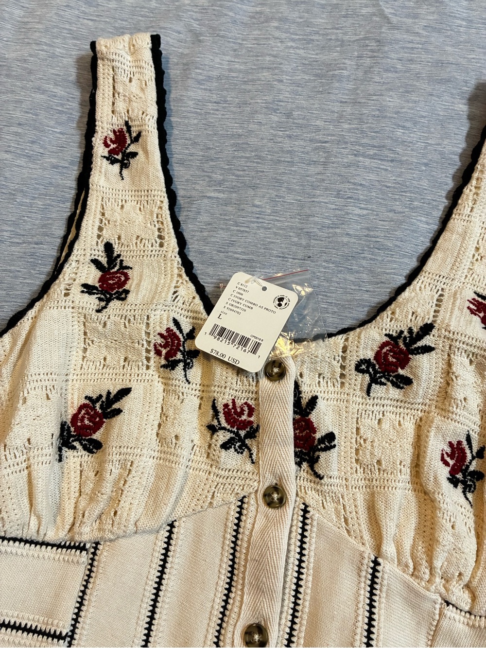 Free People Cream Knit Embroidered Button-Front Camisole with Black Trim - Picture 2 of 3